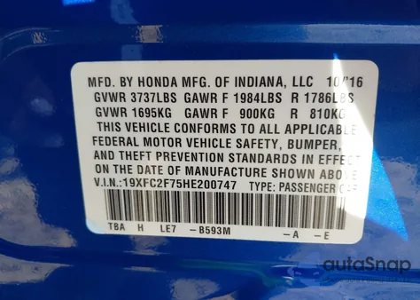 2017 Honda Civic Ex from USA, damaged, VIN 19XFC2F75HE200747
